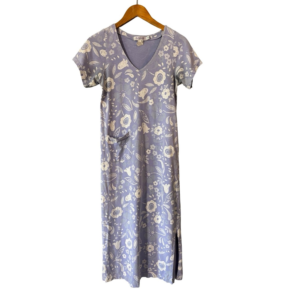 Fresh Produce XS Blue Floral Cotton V-Neck Midi Dress with Pocket 1267